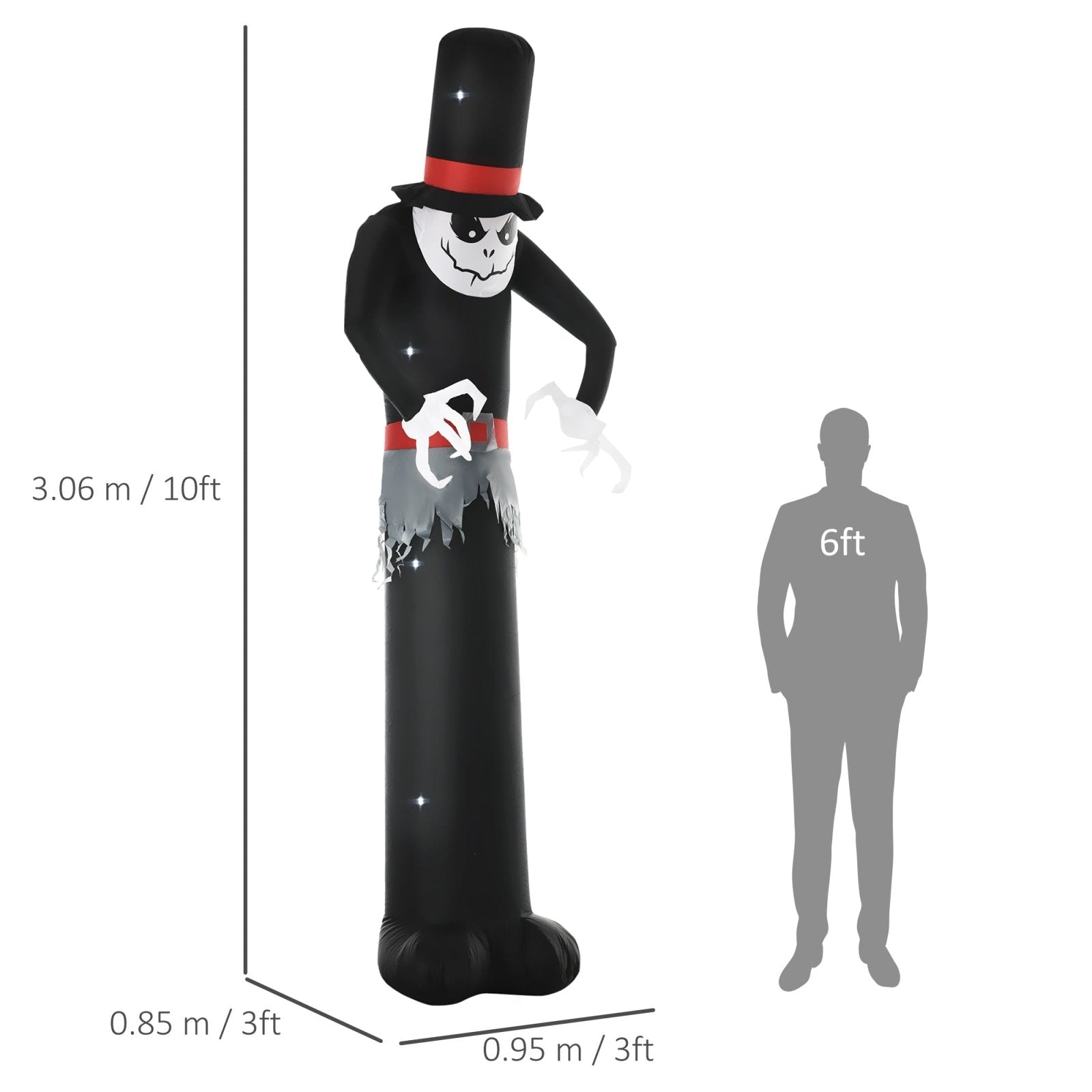 10ft Inflatable Halloween Skinny Ghost in a Tall Hat, Blow-Up Outdoor LED Display