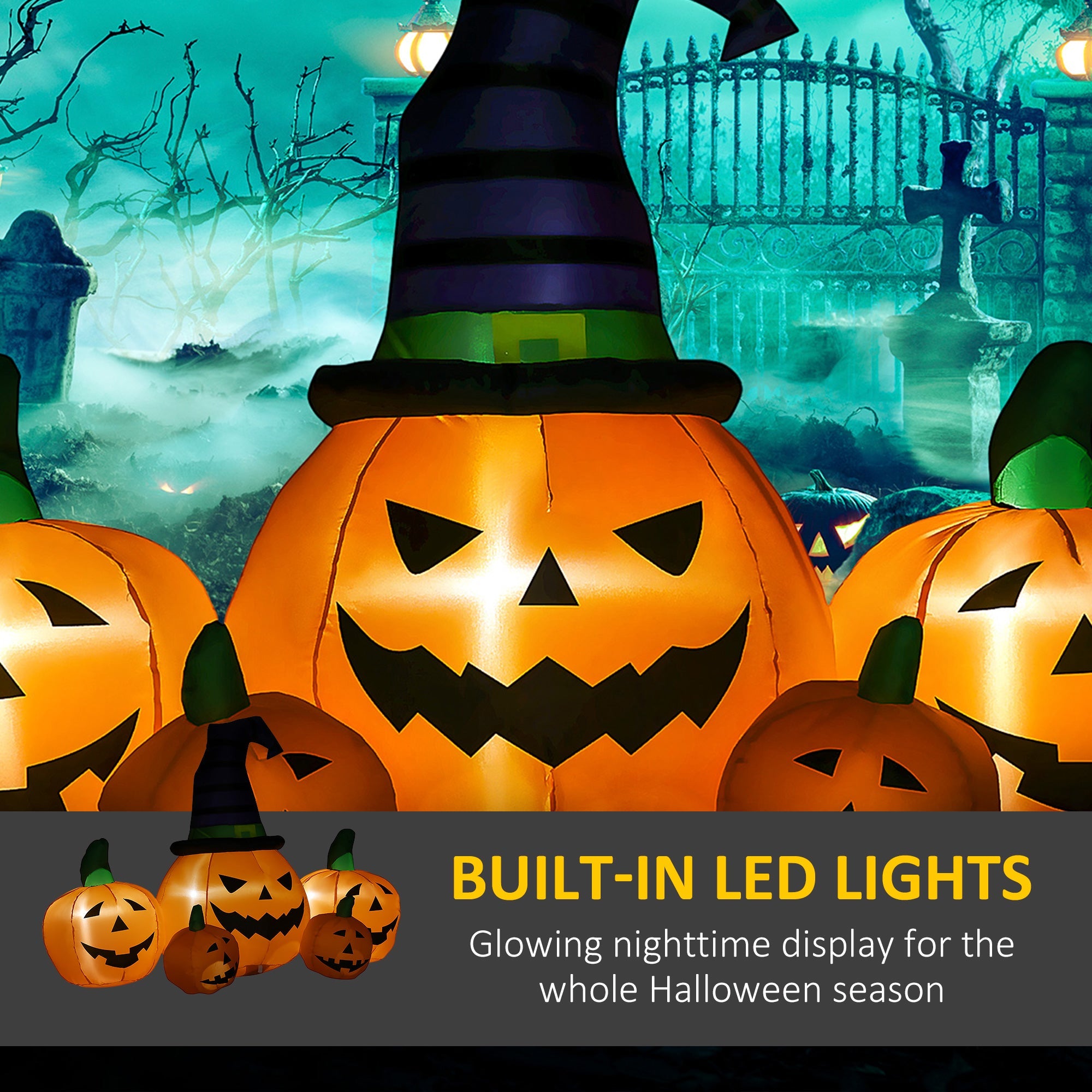 6ft Inflatable Halloween Large Pumpkin in Hat with Four Small Pumpkins, Blow-Up Outdoor LED Display