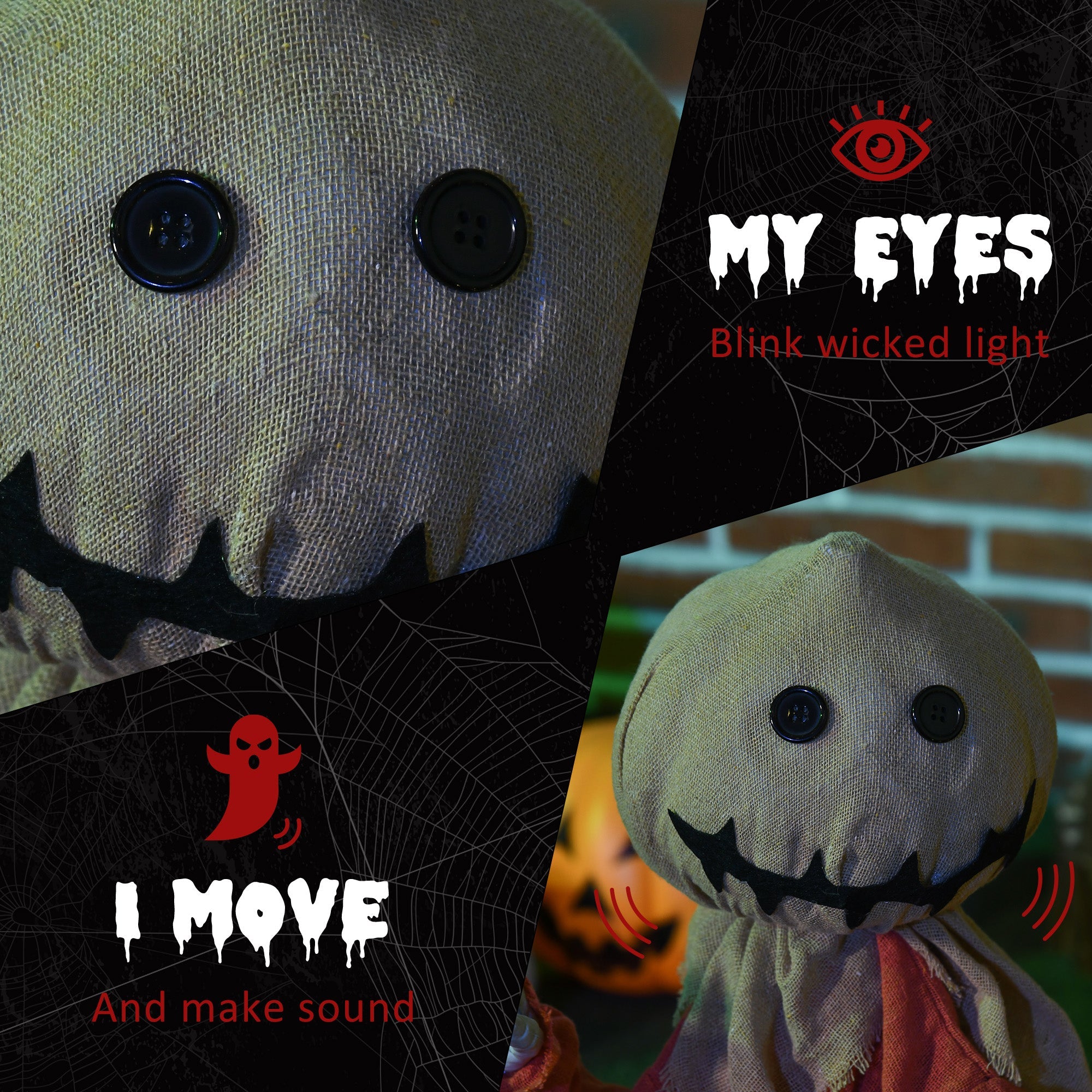 80cm Halloween Scarecrow Decoration, Outdoor Activated Prop with Light Up Eyes, Sound Activated