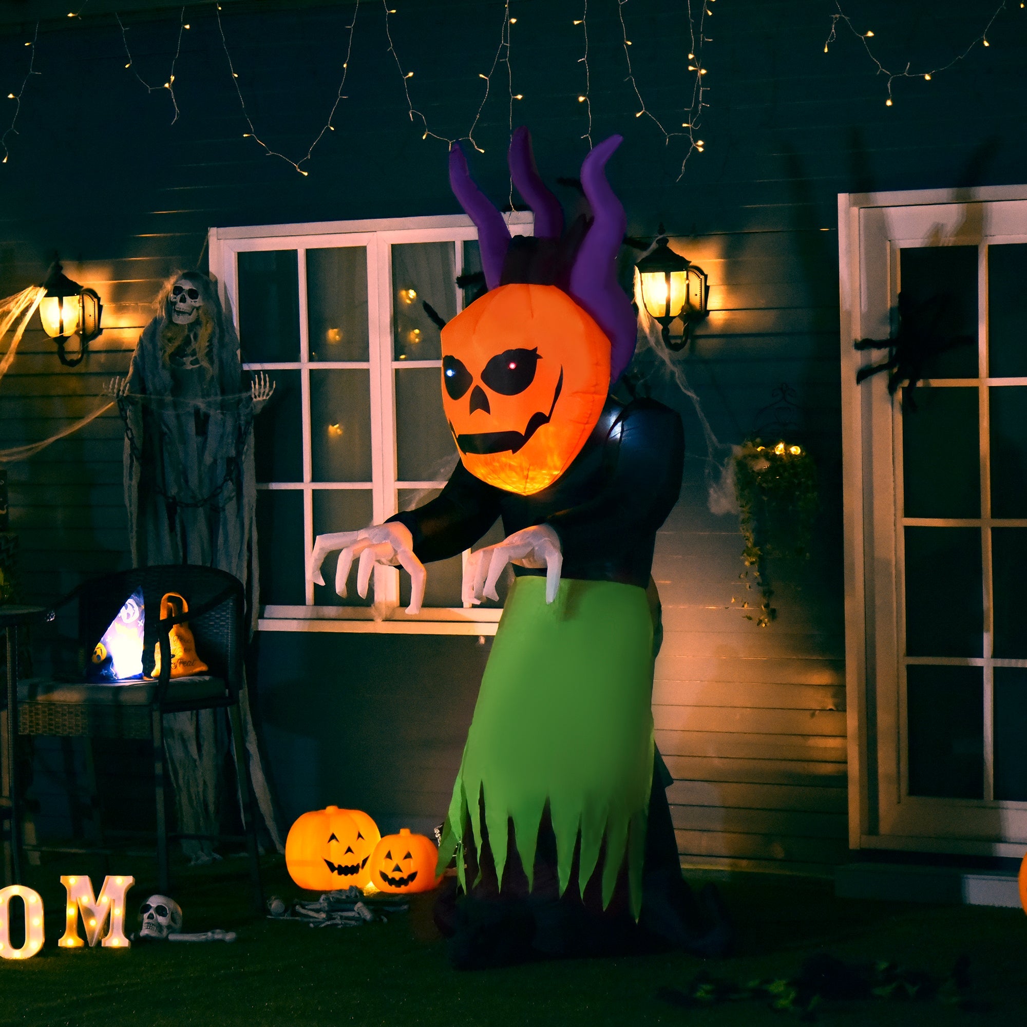 240cm Blow Up Inflatable Halloween Evil Fire Flame Pumpkin Ghost Decoration with LED for Indoor Outdoor House Party Display