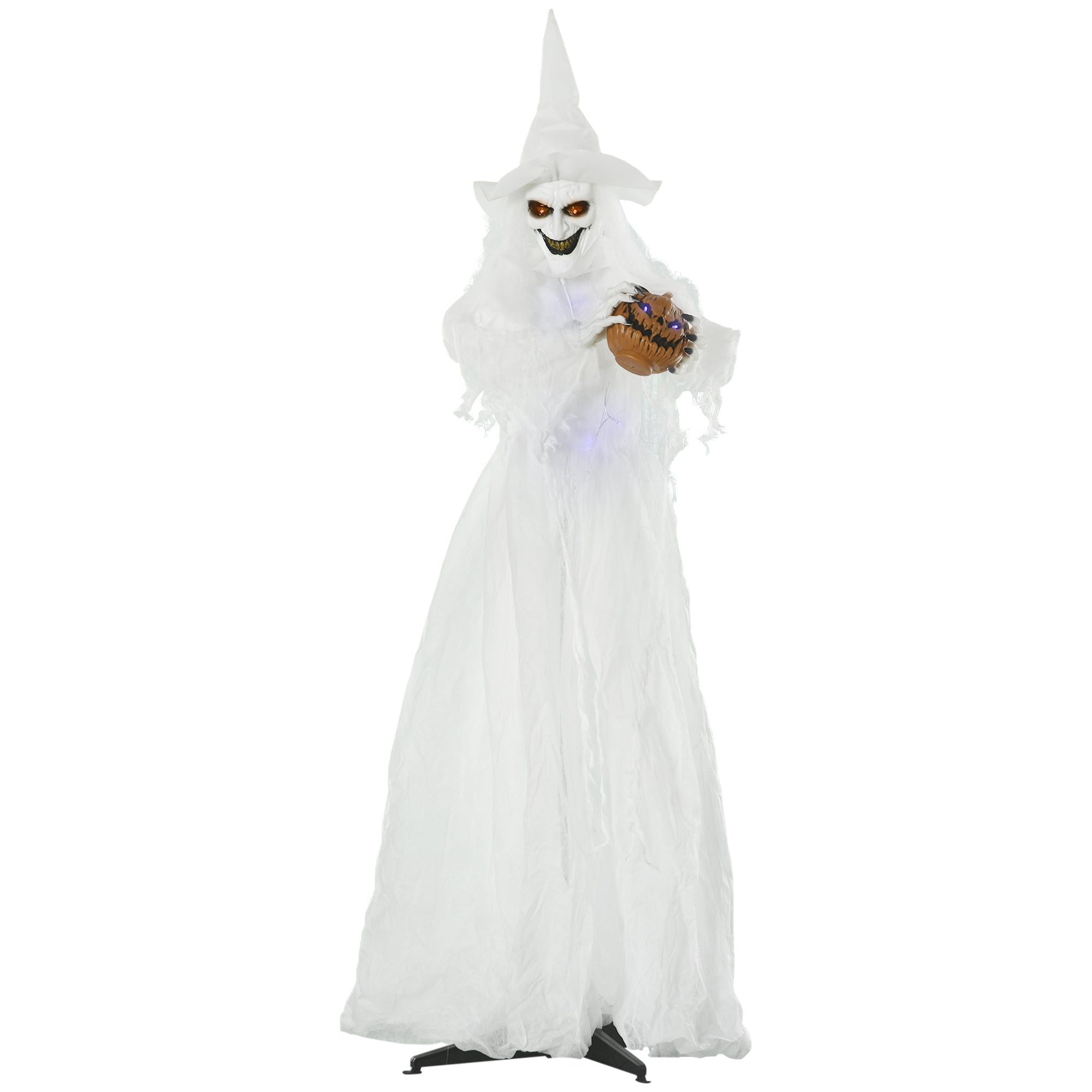 72 Inch Halloween Decorations White Witch Holding Pumpkin Head, Standing Skeleton Ghost Prop Life Size, Motion Activated Light Up Eyes Body