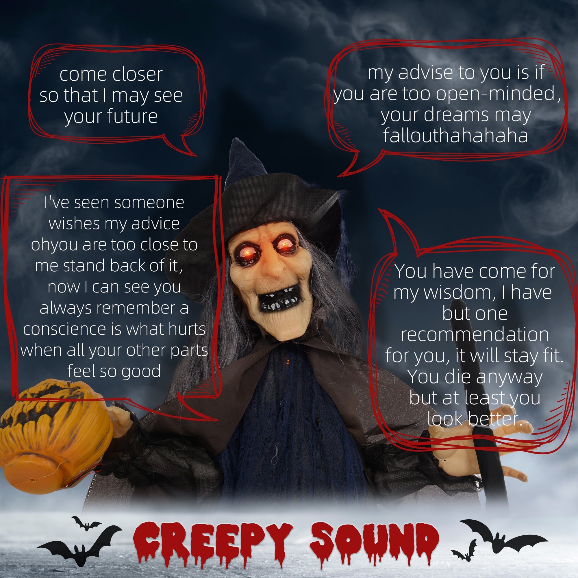 6'2" Witch with Broomstick Halloween Animatronic, with Glowing Eyes