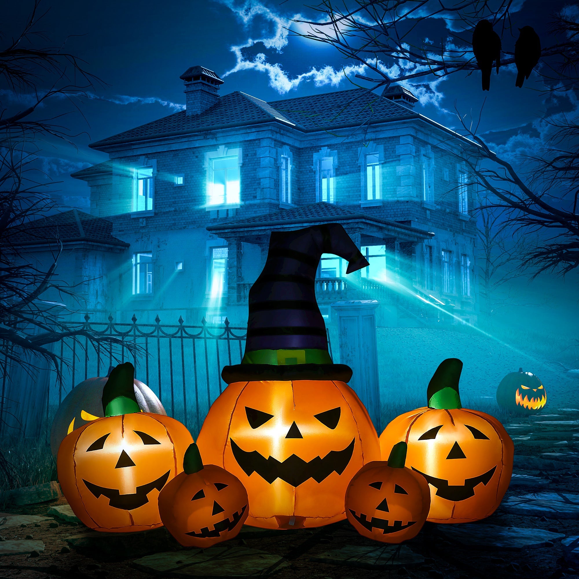 6ft Inflatable Halloween Large Pumpkin in Hat with Four Small Pumpkins, Blow-Up Outdoor LED Display