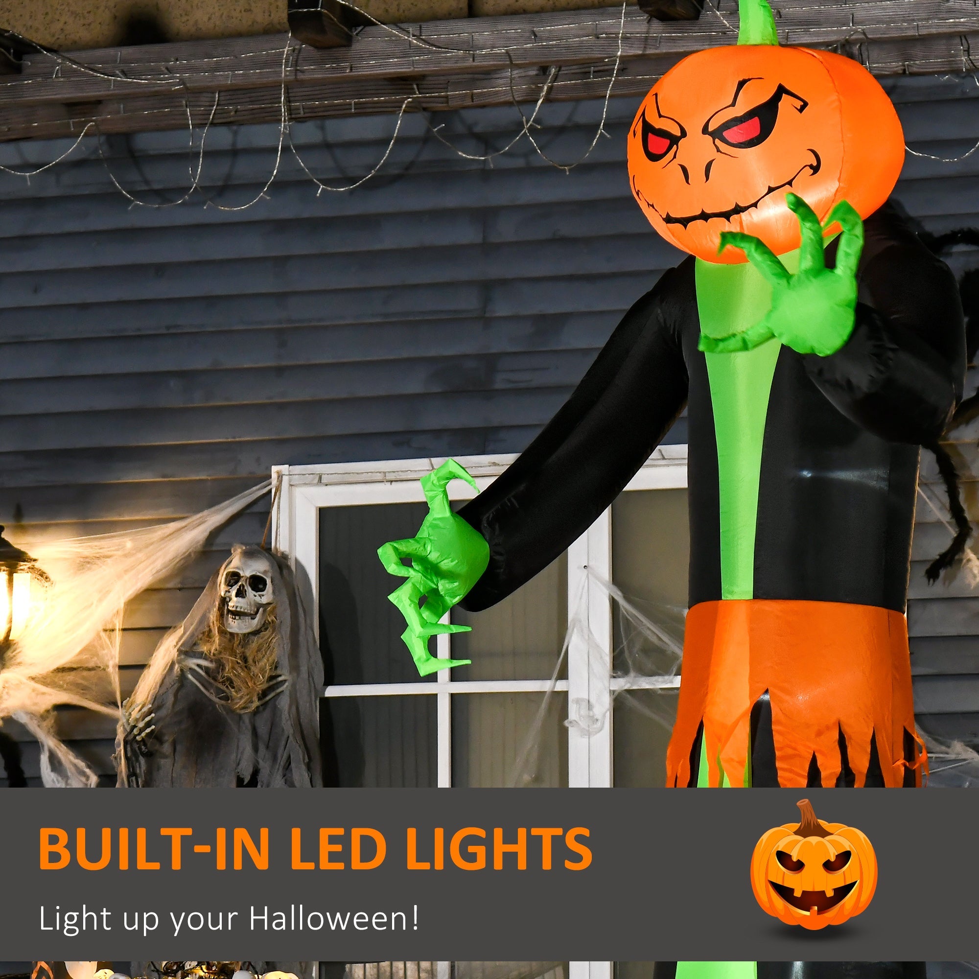 9FT Inflatable Halloween Pumpkin Ghost with Build-in LED, Outdoor Lighted Blow Up Inflatables